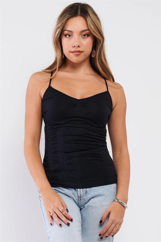 Black Basic Sleeveless V-Neck Gathered Front Detail Ribbed Back Cami Top /3-3 - Tasha Apparel Wholesale