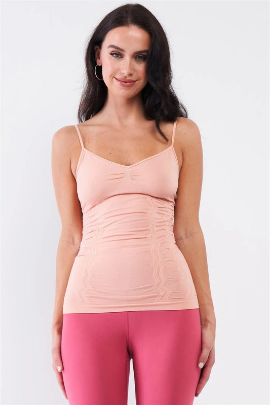 Pink Basic Sleeveless V-Neck Gathered Front Detail Ribbed Back Cami Top /3-3 - Tasha Apparel Wholesale