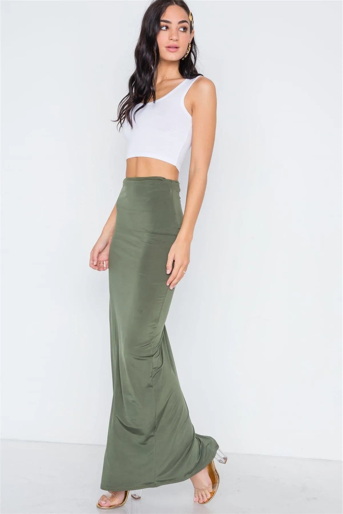 Olive Side Slit Bodycon Maxi Skirt /2-2-1 - Tasha Apparel Wholesale