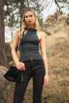 Black Silver High Neck With Self-Tie Detail On The Side Sleeveless Ribbed Knit Top /3-2-1 - Tasha Apparel Wholesale