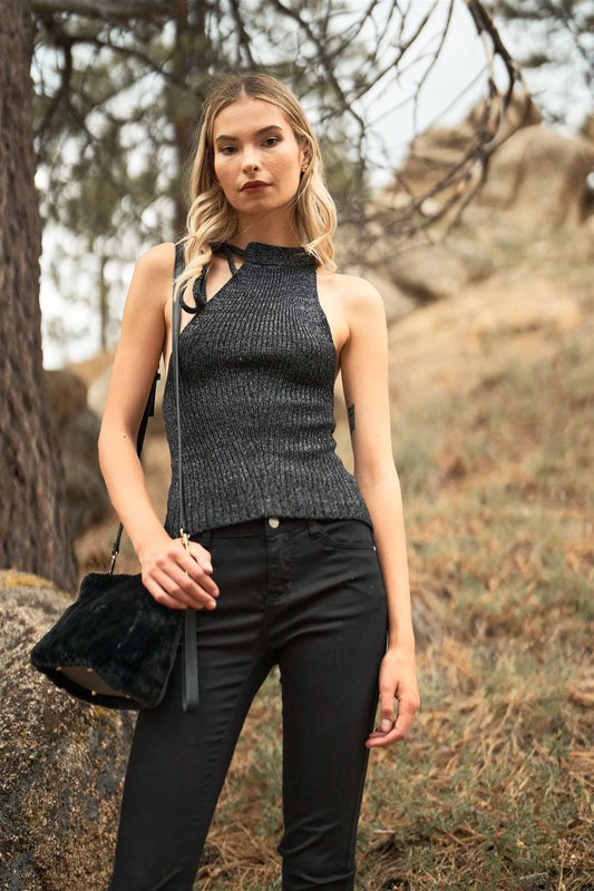Black Silver High Neck With Self-Tie Detail On The Side Sleeveless Ribbed Knit Top /3-2-1 - Tasha Apparel Wholesale