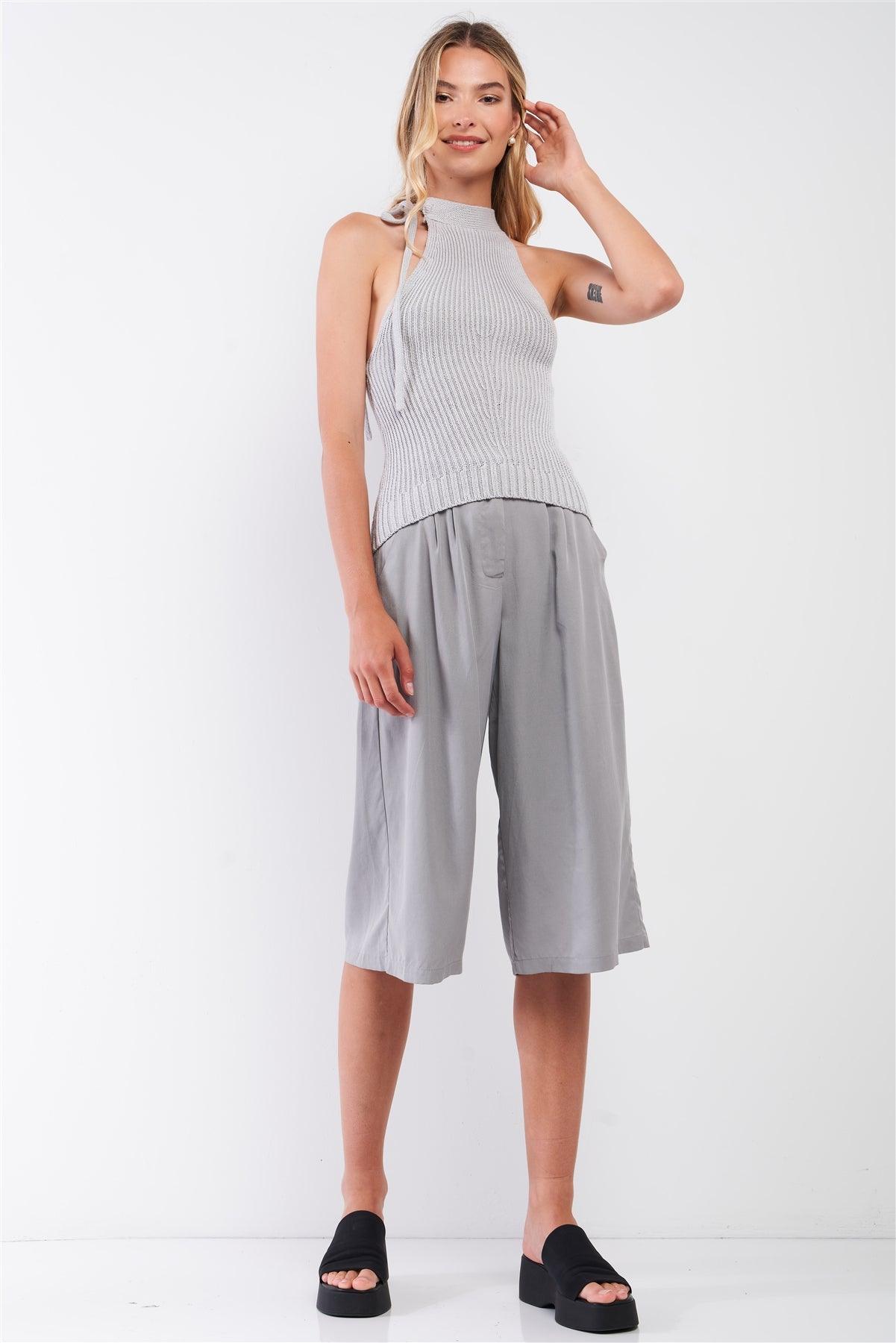 Silver Grey High Neck With Self-Tie Detail On The Side Sleeveless Ribbed Knit Top /3-2-1