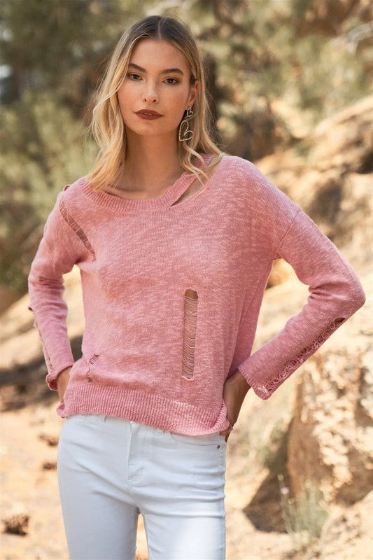 Rose Pink Knit Ruined Detail Long Sleeve Distressed Sweater Top /3-2-1 - Tasha Apparel Wholesale
