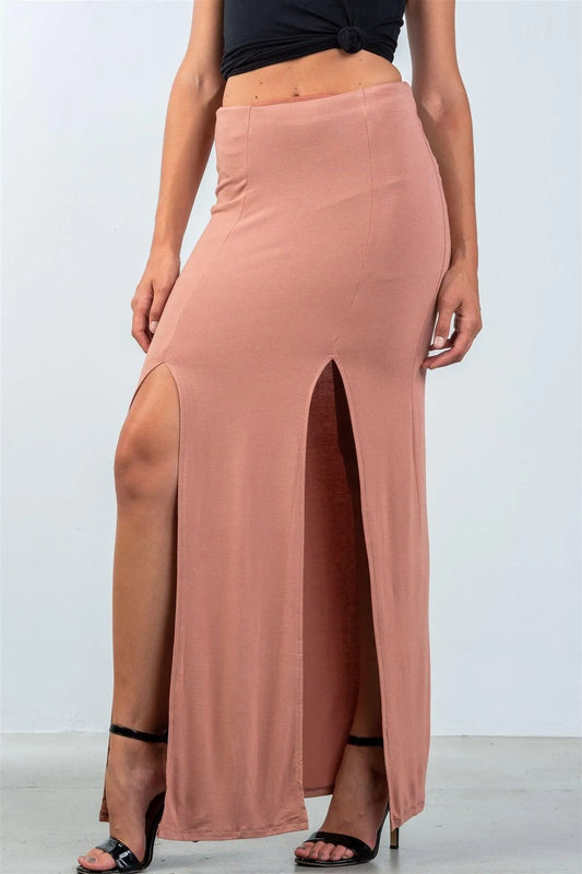 Cinnamon Double Slit High Waist Maxi Skirt /3-2-1 - Tasha Apparel Wholesale