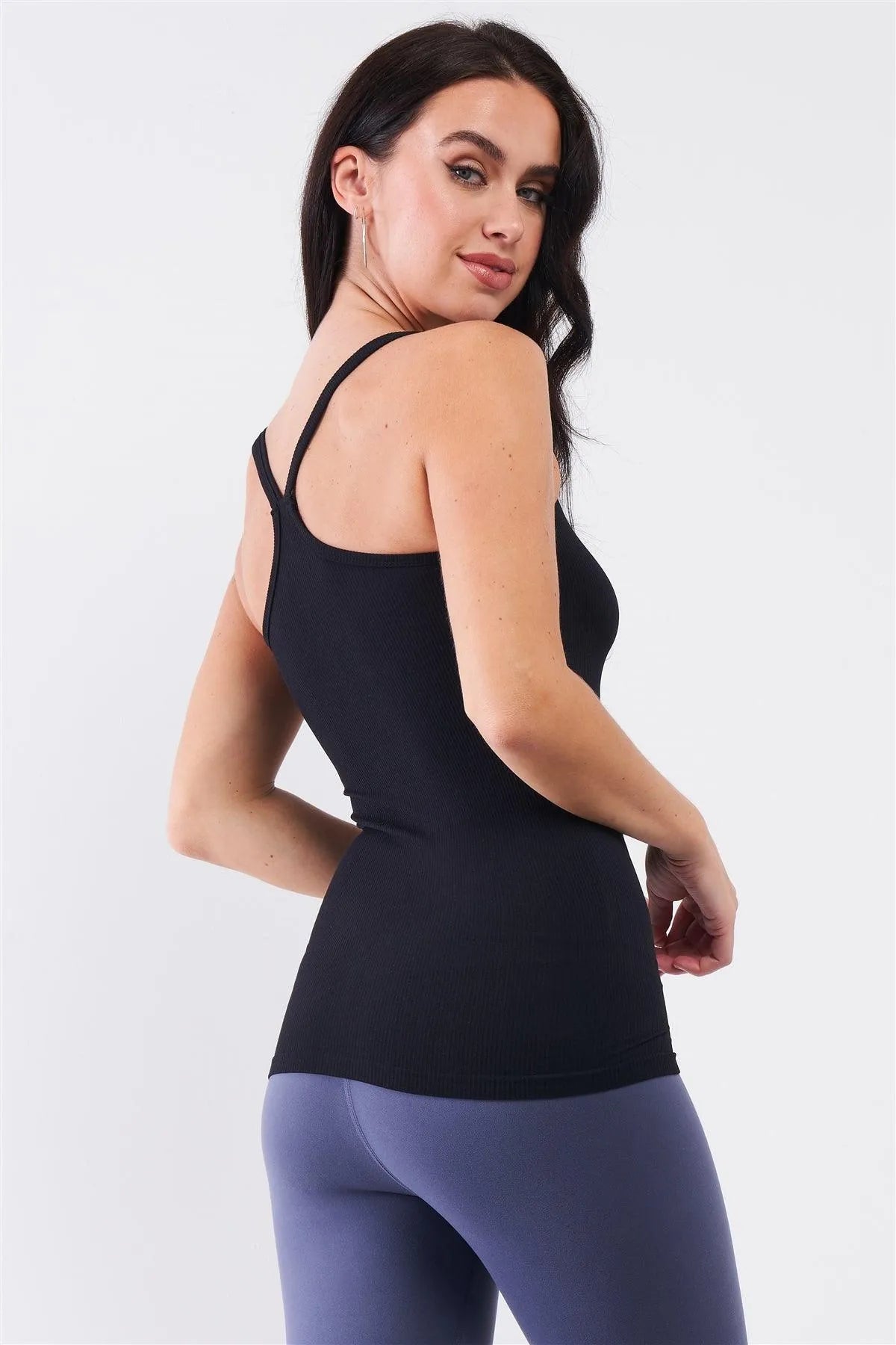 Black Basic Ribbed Sleeveless V-Neck Racer Back Cami Top /3-3 - Tasha Apparel Wholesale