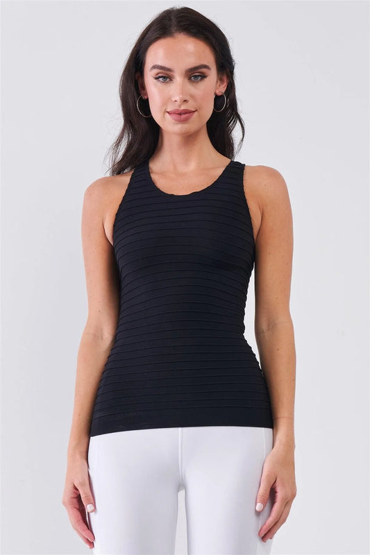 Black Sleeveless Round Neck Horizontal Pleated Detail Fitted Tank Top /3-3 - Tasha Apparel Wholesale
