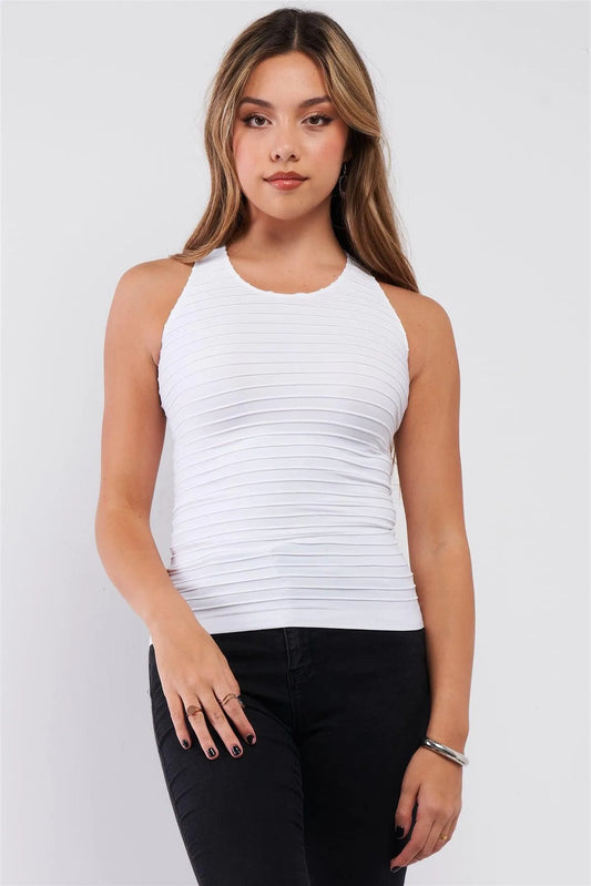 White Sleeveless Round Neck Horizontal Pleated Detail Fitted Tank Top /3-3 - Tasha Apparel Wholesale