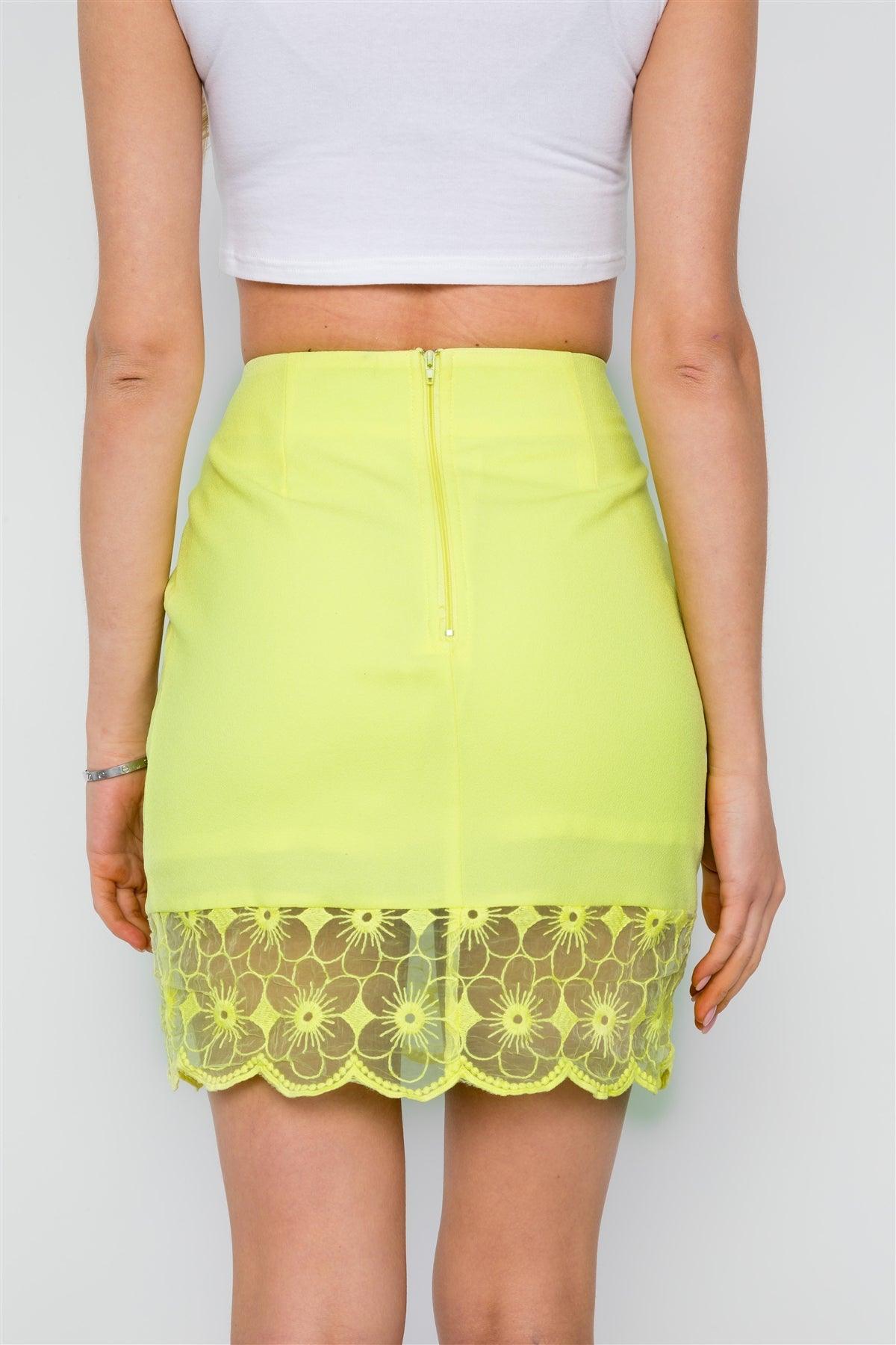 Yellow High Waist Floral Embroidery Mini Skirt /2-2