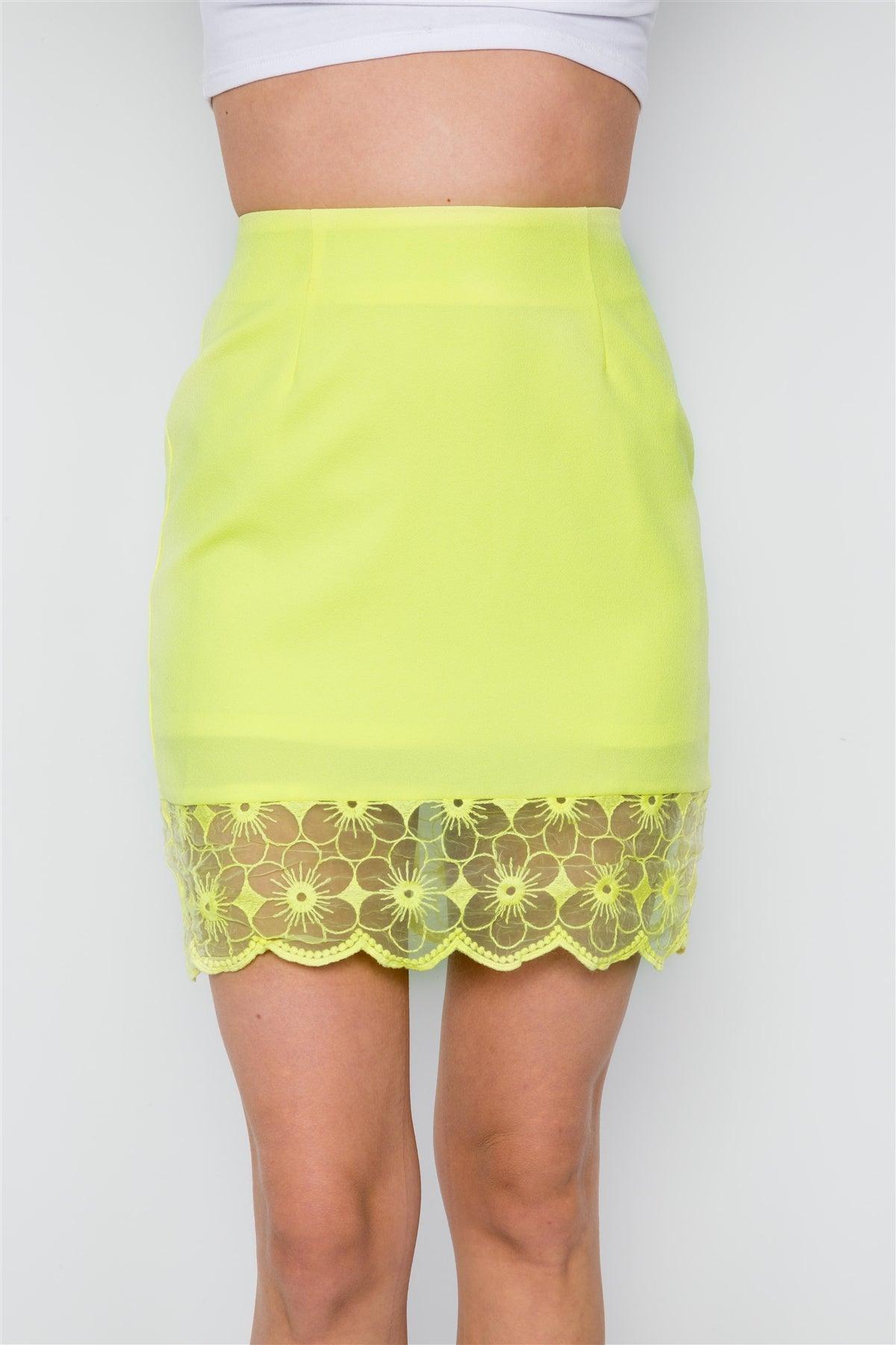 Yellow High Waist Floral Embroidery Mini Skirt /2-2