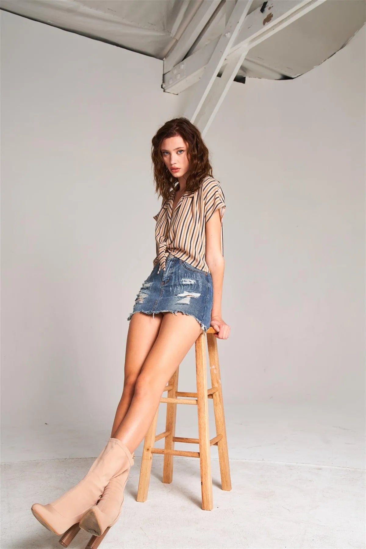 Mid Denim High Waist Distressed Raw Hem Detail Mini Skirt /3-2-1 - Tasha Apparel Wholesale