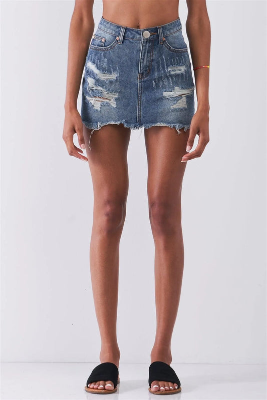 Mid Denim High Waist Distressed Raw Hem Detail Mini Skirt - Tasha Apparel Wholesale