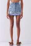 Washed Light Denim Combo High Waist Distressed Raw Hem Striped Underlining Detail Mini Skirt /3-1-1