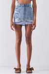 Washed Light Denim Combo High Waist Distressed Raw Hem Striped Underlining Detail Mini Skirt /3-1-1 - Tasha Apparel Wholesale
