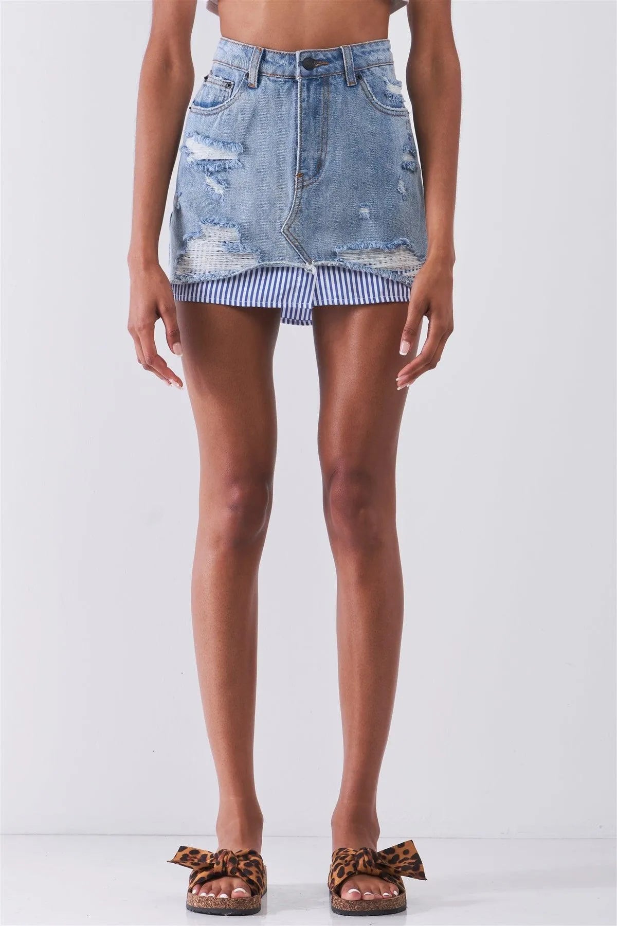 Washed Light Denim Combo High Waist Distressed Raw Hem Striped Underlining Detail Mini Skirt /3-1-1 - Tasha Apparel Wholesale