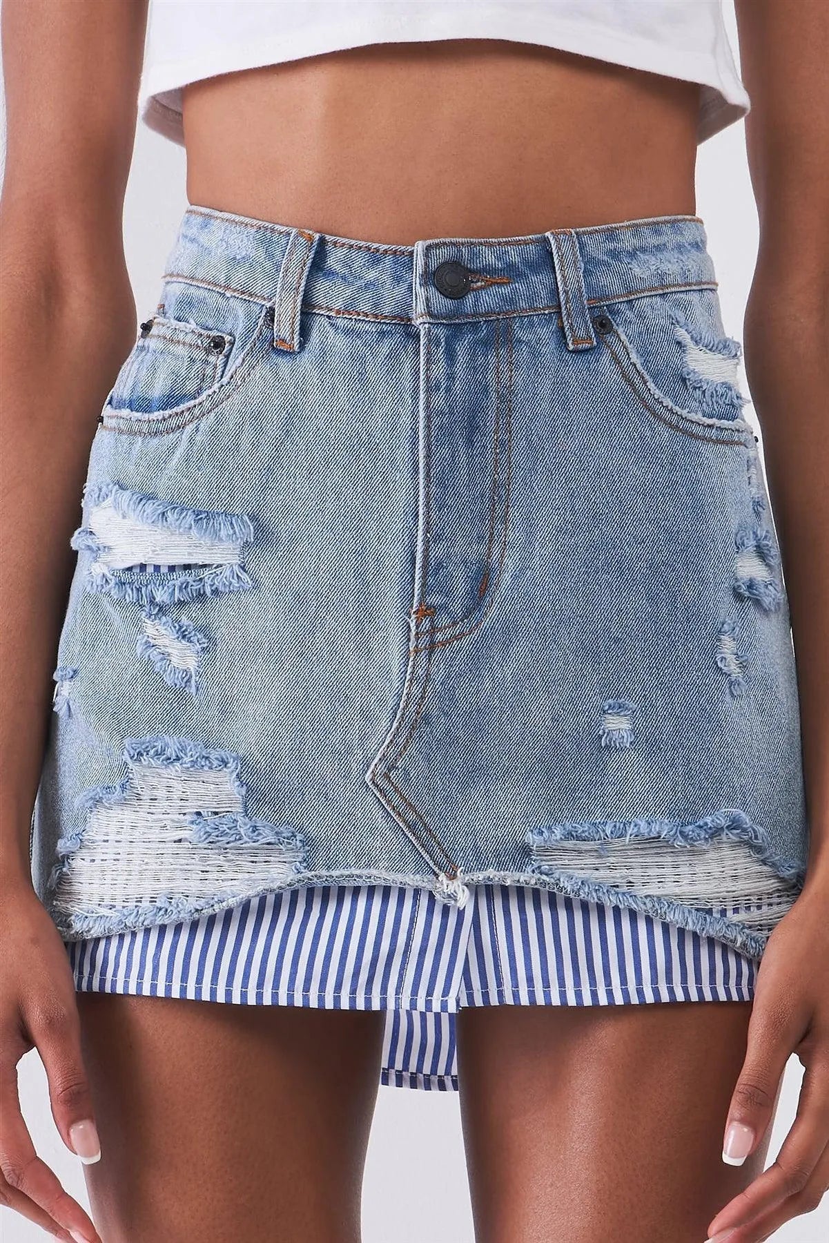 Washed Light Denim Combo High Waist Distressed Raw Hem Striped Underlining Detail Mini Skirt /3-1-1 - Tasha Apparel Wholesale