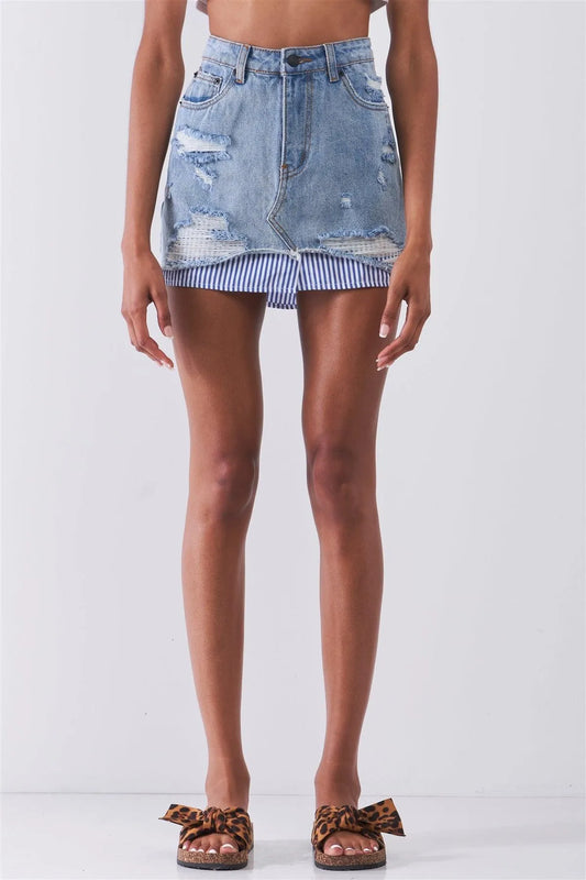 Denim Combo High Waist Distressed Hem Striped Underlining Detail Mini Skirt - Tasha Apparel Wholesale