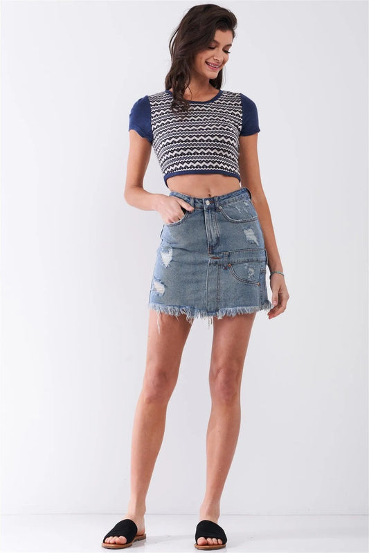 Medium Blue Denim High-Waist Distressed Effect Asymmetrical Trim Raw Hem Detail Mini Skirt /2-2-1 - Tasha Apparel Wholesale