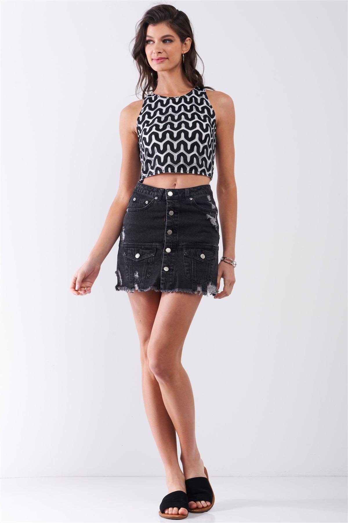 Vintage Black Denim High-Waist Distressed Button-Down Raw Hem Detail Mini Skirt /3-2-1