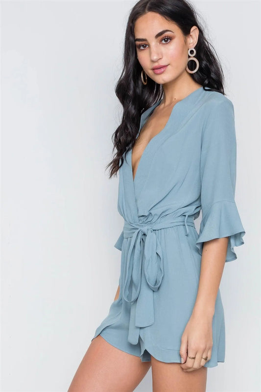 Blue Surplice V-Neck 3/4 Bell Sleeve Boho Romper / 1-3-2-1-1 - Tasha Apparel Wholesale