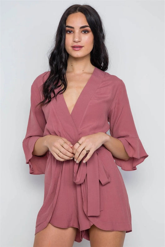 Mauve Surplice V-Neck 3/4 Bell Sleeve Boho Romper / 1-3-2-1-1 - Tasha Apparel Wholesale
