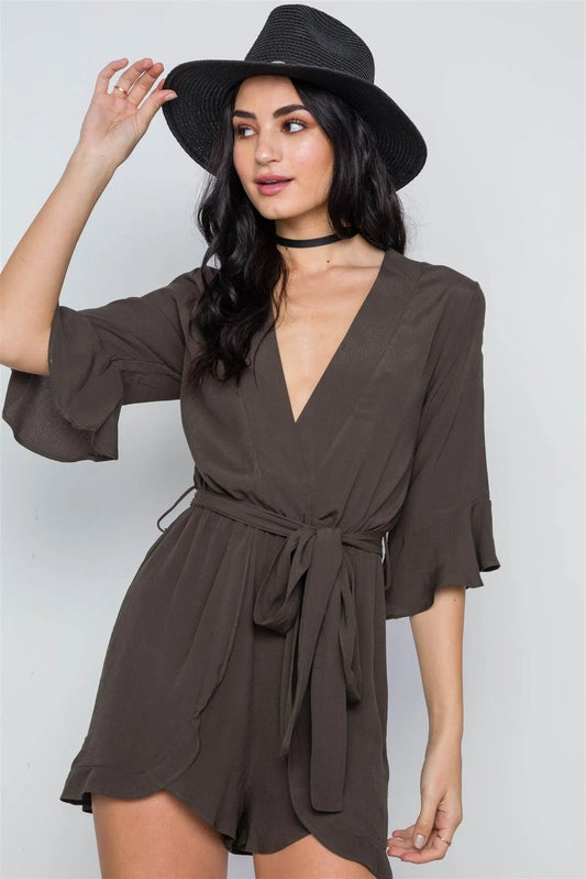 Olive Surplice V-Neck 3/4 Bell Sleeve Boho Romper / 1-3-2-1-1 - Tasha Apparel Wholesale