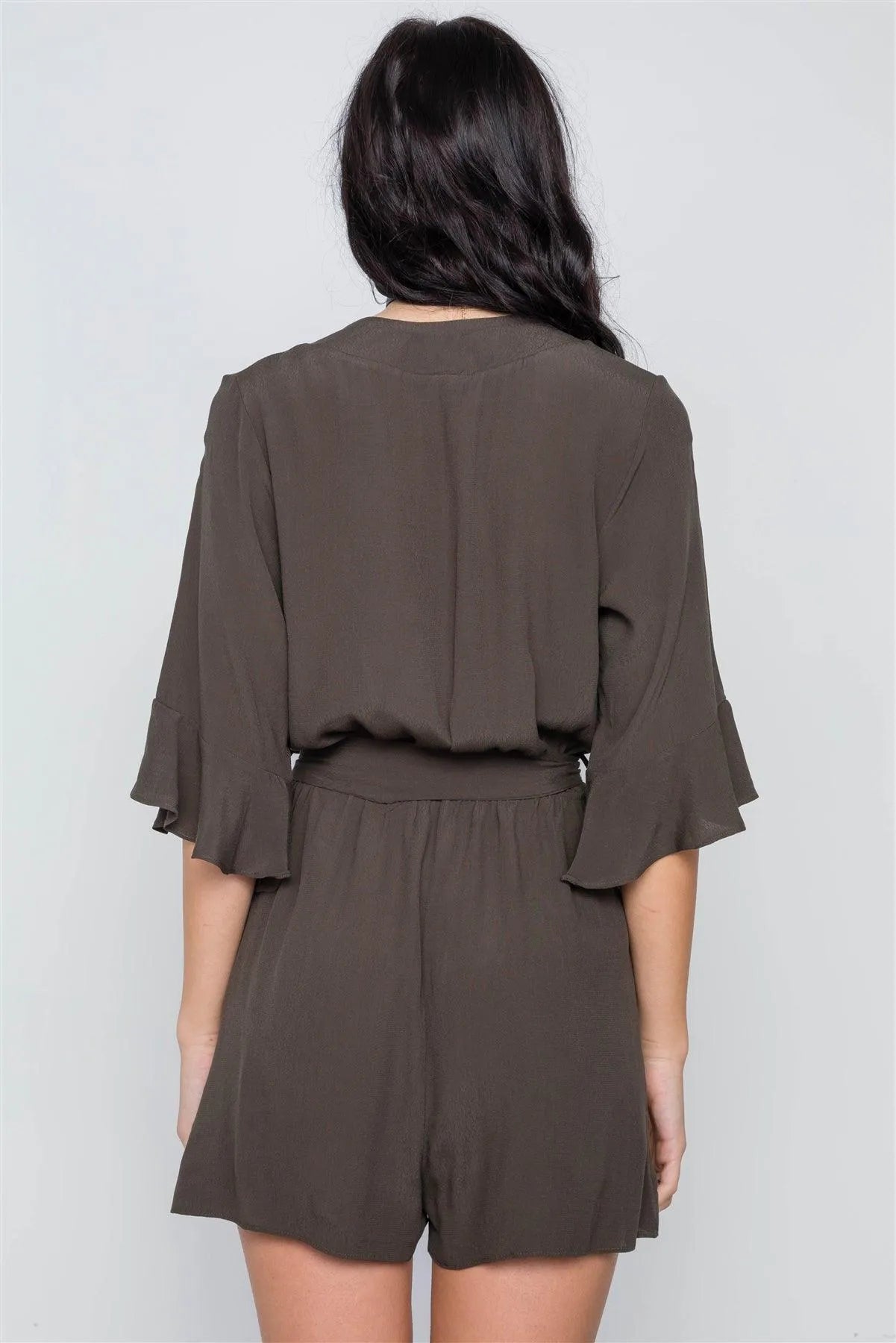 Olive Surplice V-Neck 3/4 Bell Sleeve Boho Romper / 1-3-2-1-1 - Tasha Apparel Wholesale