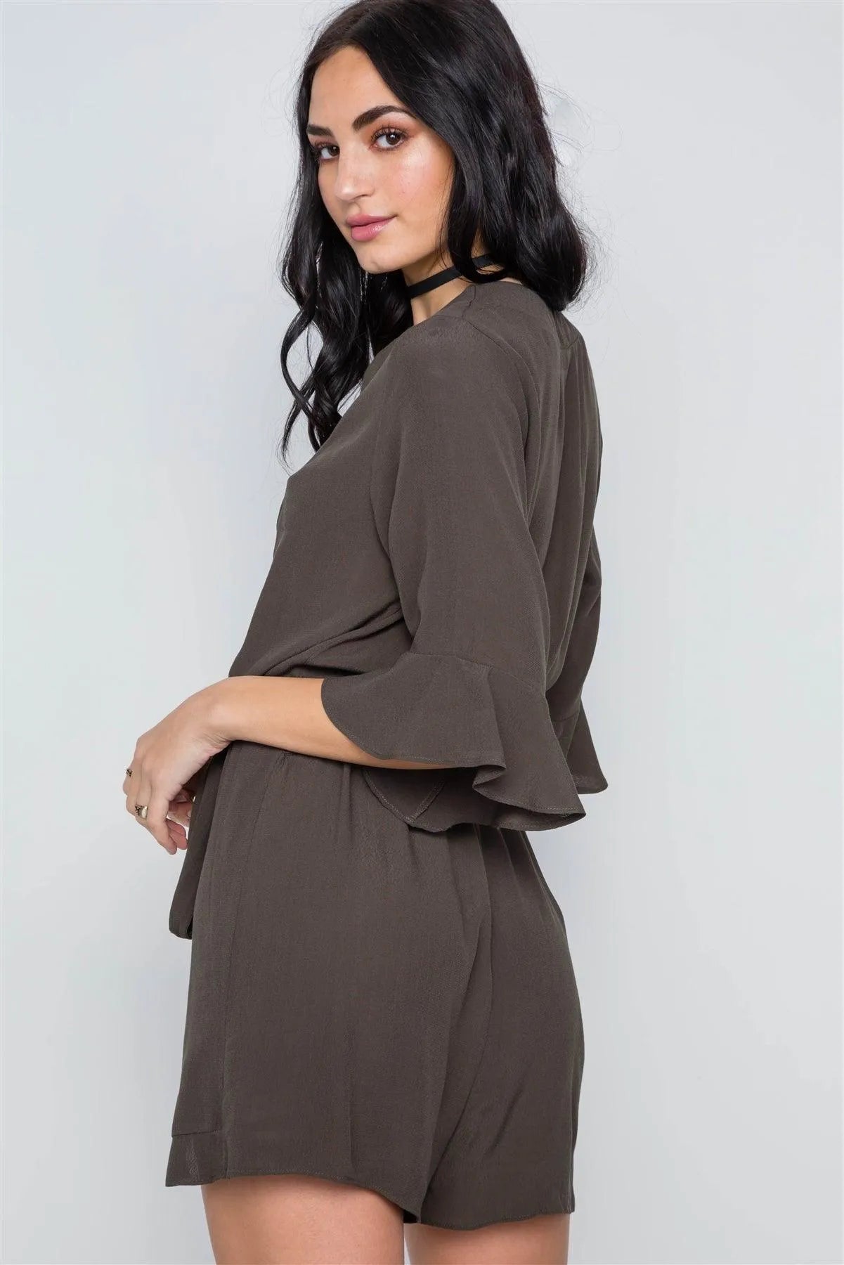 Olive Surplice V-Neck 3/4 Bell Sleeve Boho Romper / 1-3-2-1-1 - Tasha Apparel Wholesale