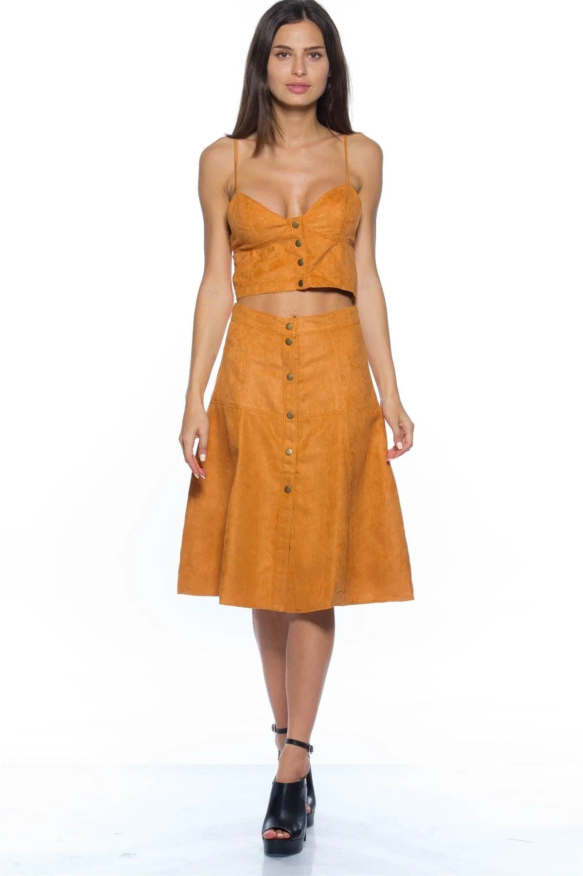 Suede Camel Buttoned Two Piece Set - cropped top & maxi skirt /3-2-1 - Tasha Apparel Wholesale