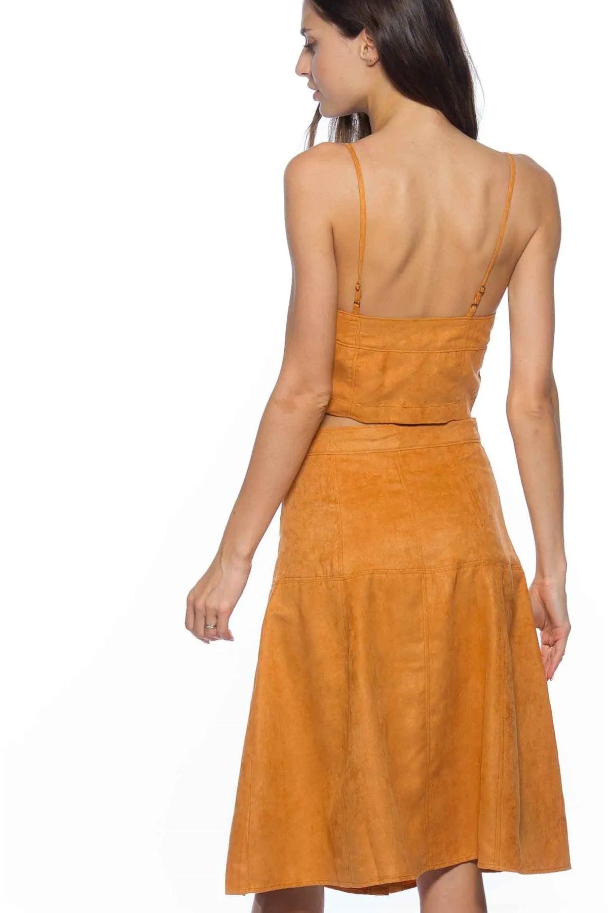 Suede Camel Buttoned Two Piece Set - cropped top & maxi skirt /3-2-1 - Tasha Apparel Wholesale