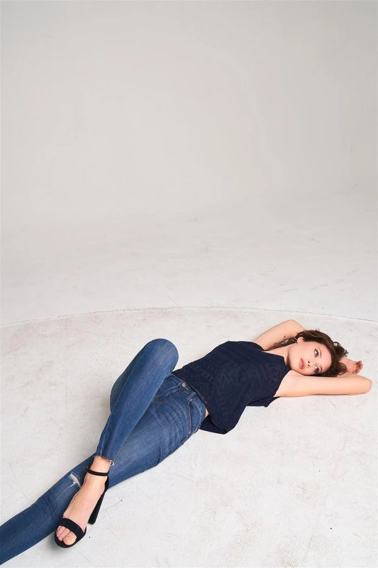 Medium Blue Denim Mid-Rise Ripped Detail Skinny Jean Pants /3-2-1 - Tasha Apparel Wholesale