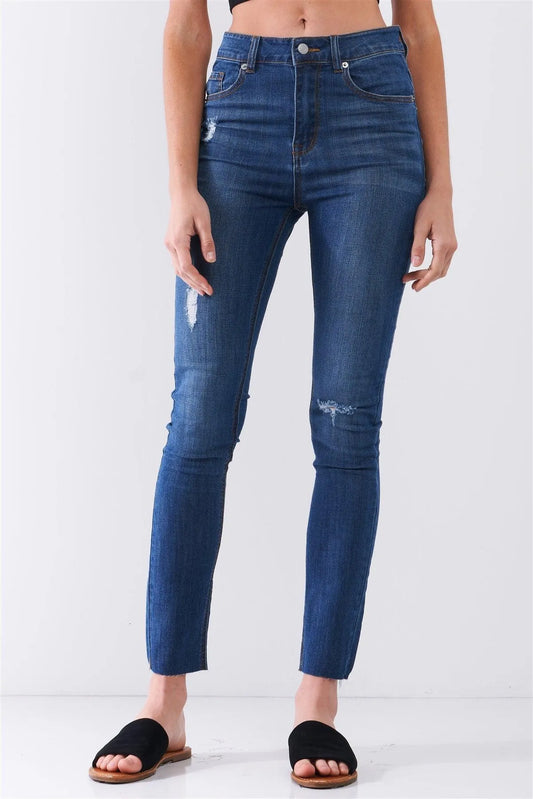 Medium Blue Denim Mid-Rise Ripped Detail Skinny Jean Pants - Tasha Apparel Wholesale