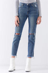 Rebel Vintage Denim Mid-Rise Distressed Ripped-Out Knees Raw Hem Detail Straight Cut Jean Pants /3-2-1 - Tasha Apparel Wholesale
