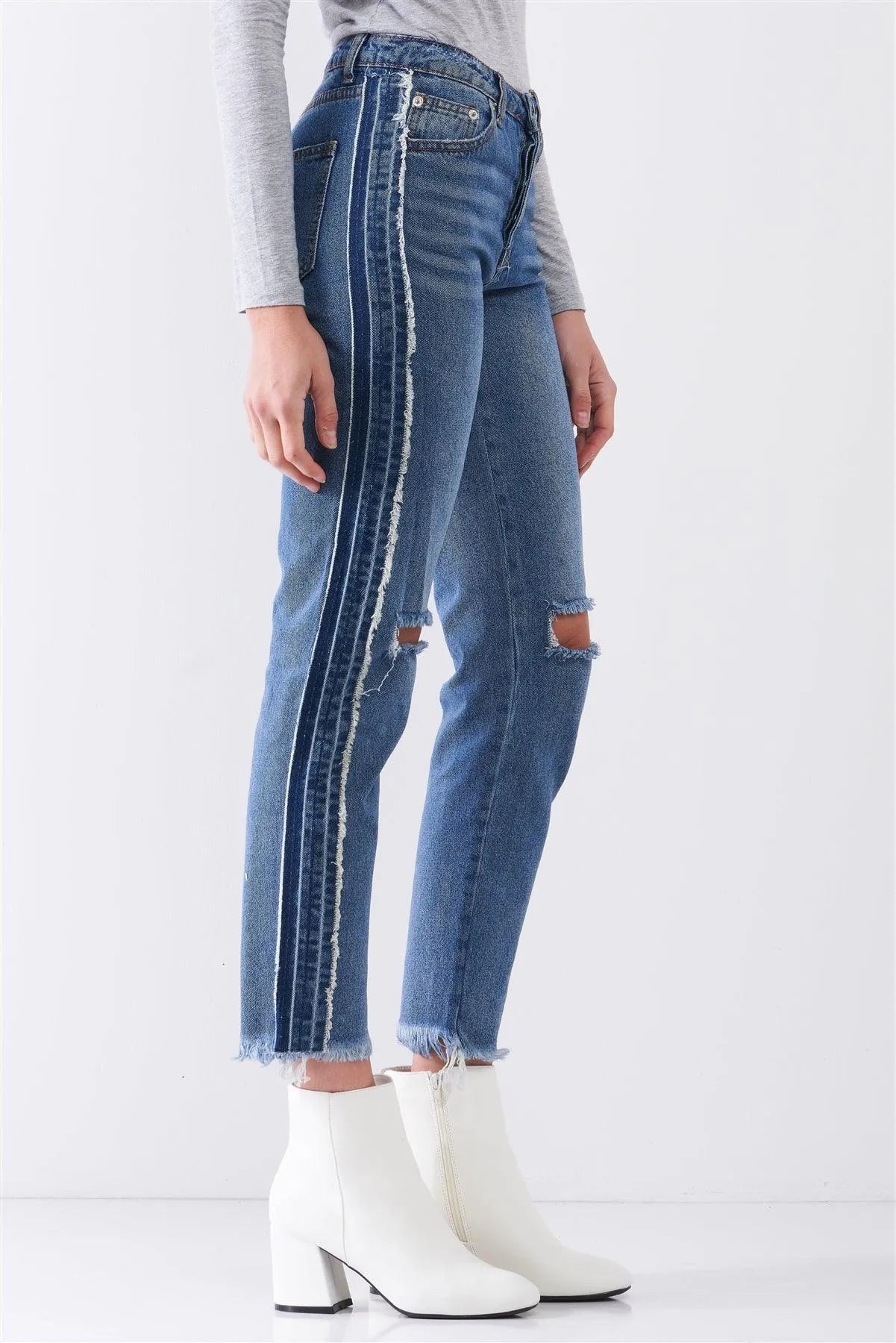 Rebel Vintage Denim Mid-Rise Distressed Ripped-Out Knees Raw Hem Detail Straight Cut Jean Pants /3-2-1 - Tasha Apparel Wholesale