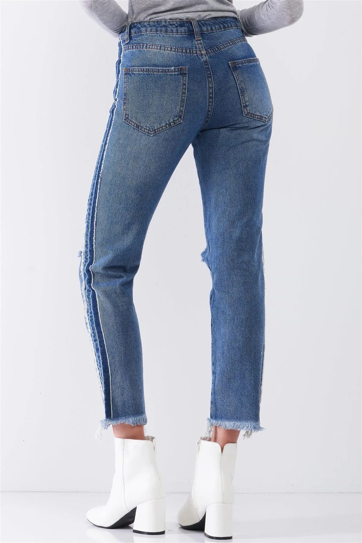 Rebel Vintage Denim Mid-Rise Distressed Ripped-Out Knees Raw Hem Detail Straight Cut Jean Pants /3-2-1 - Tasha Apparel Wholesale
