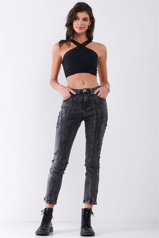 Black Acid Wash Wrinkle Effect Mid-Rise Ankle Length Denim Pants /3-2-1 - Tasha Apparel Wholesale