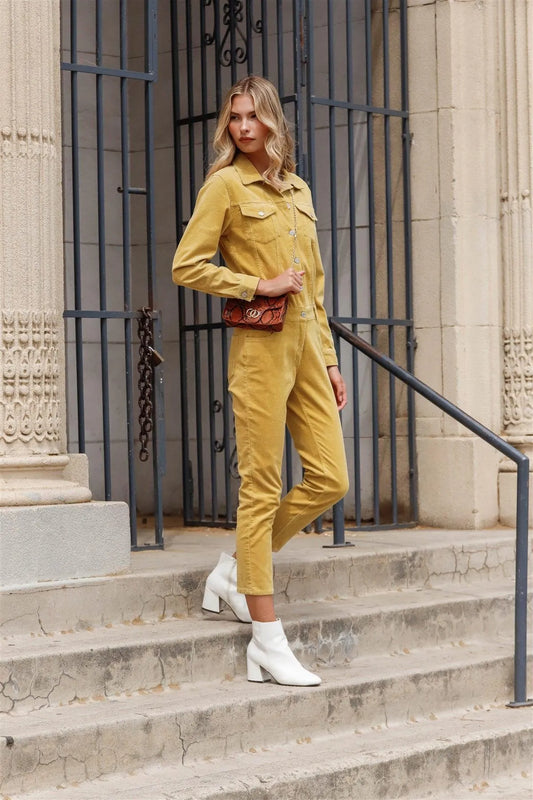 Bumblebee Yellow Corduroy Long Sleeve Button-Down Front Urban Utility Jumpsuit / 4-1-1 - Tasha Apparel Wholesale