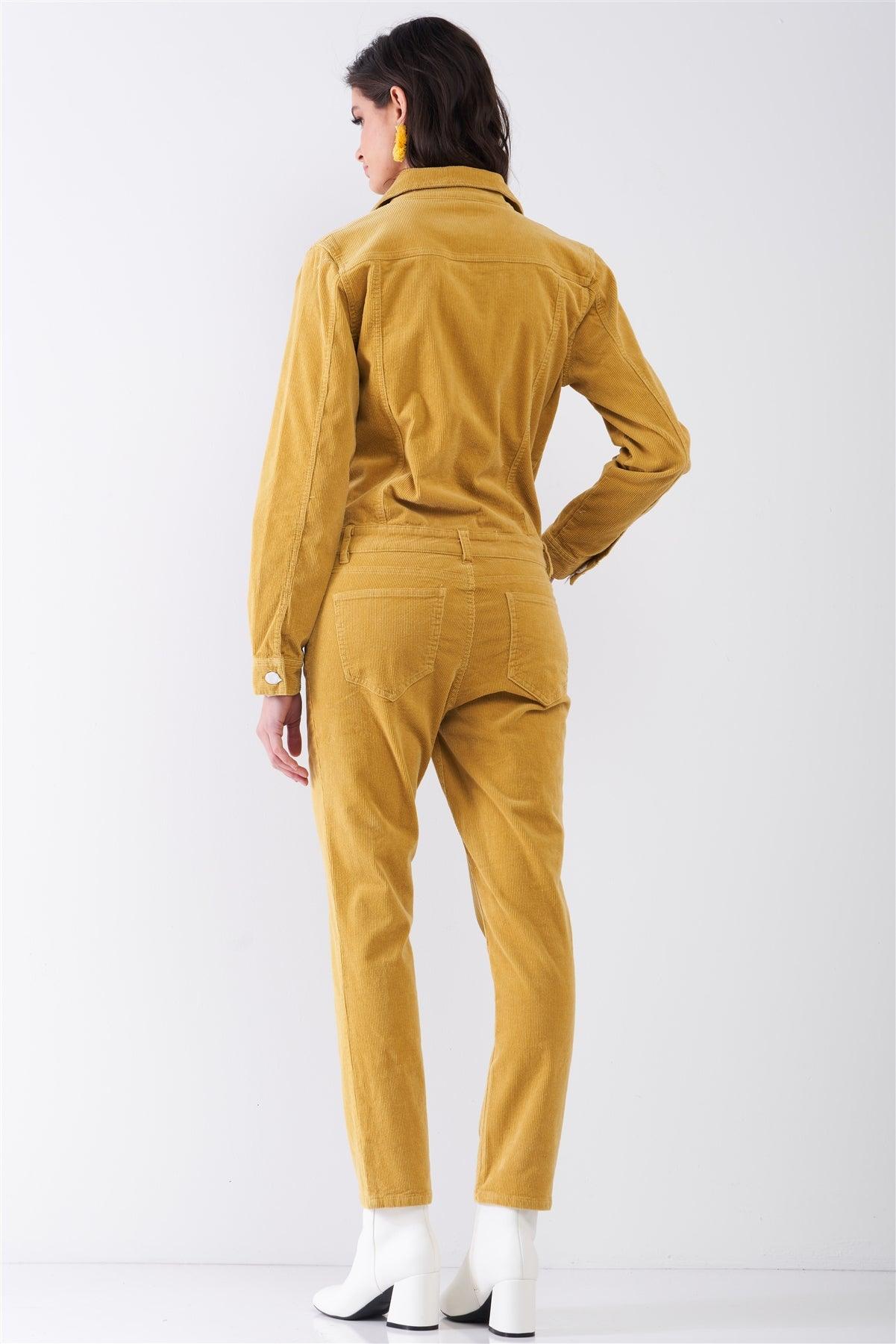 Bumblebee Yellow Corduroy Long Sleeve Button-Down Front Urban Utility Jumpsuit / 4-1-1