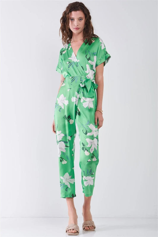 Spring Is Here Green Satin Floral Print Short Sleeve Self-Tie Wrap Front Jumpsuit /3-2-1 - Tasha Apparel Wholesale