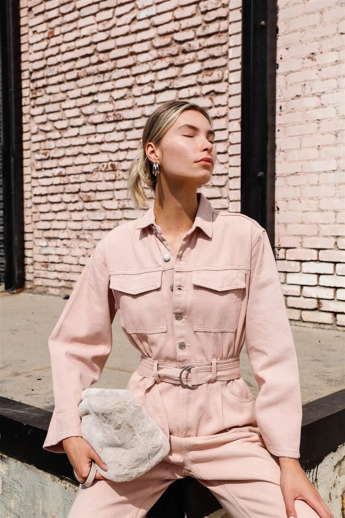 Blush Long Sleeve Denim Utility Front Button Down Self-Tie Belted Jumpsuit /4-2-1 - Tasha Apparel Wholesale