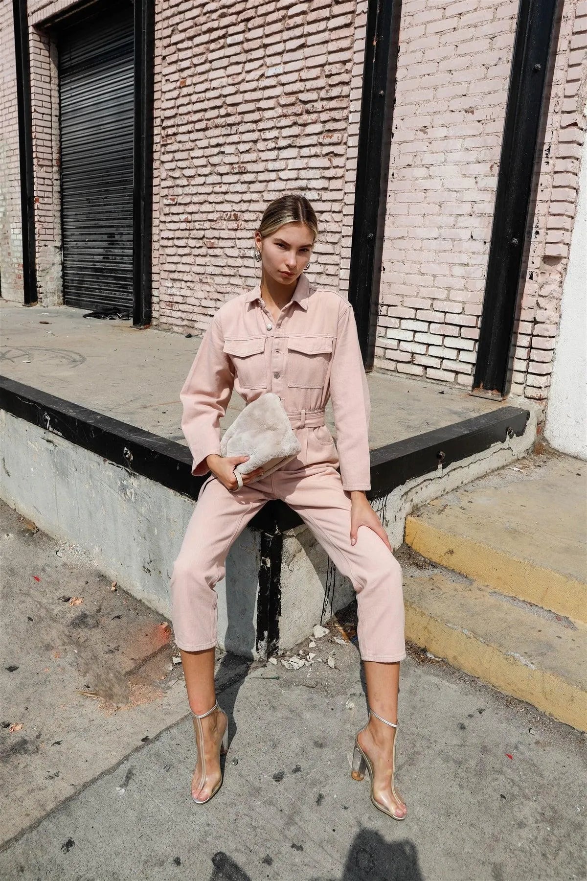Blush Long Sleeve Denim Utility Front Button Down Self-Tie Belted Jumpsuit /4-2-1 - Tasha Apparel Wholesale