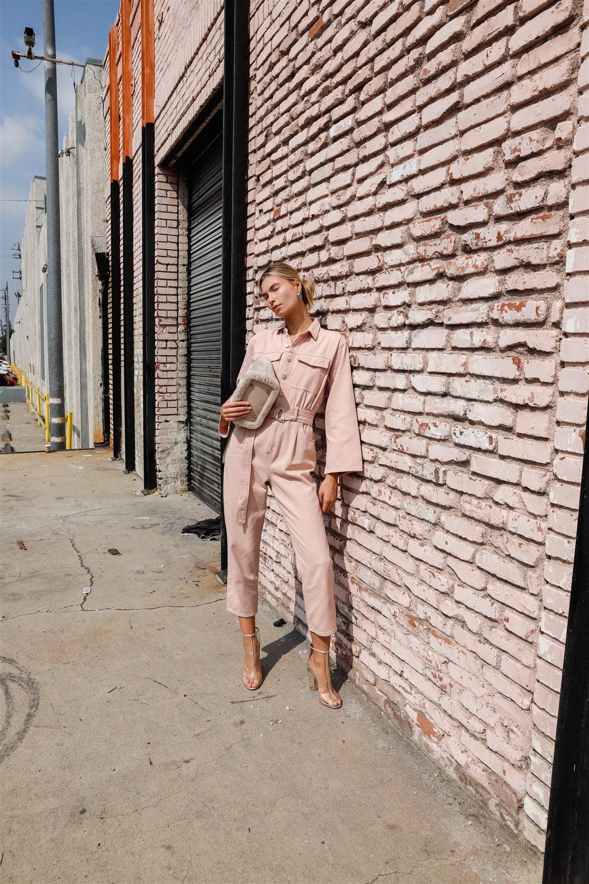 Blush Long Sleeve Denim Utility Front Button Down Self-Tie Belted Jumpsuit /4-2-1