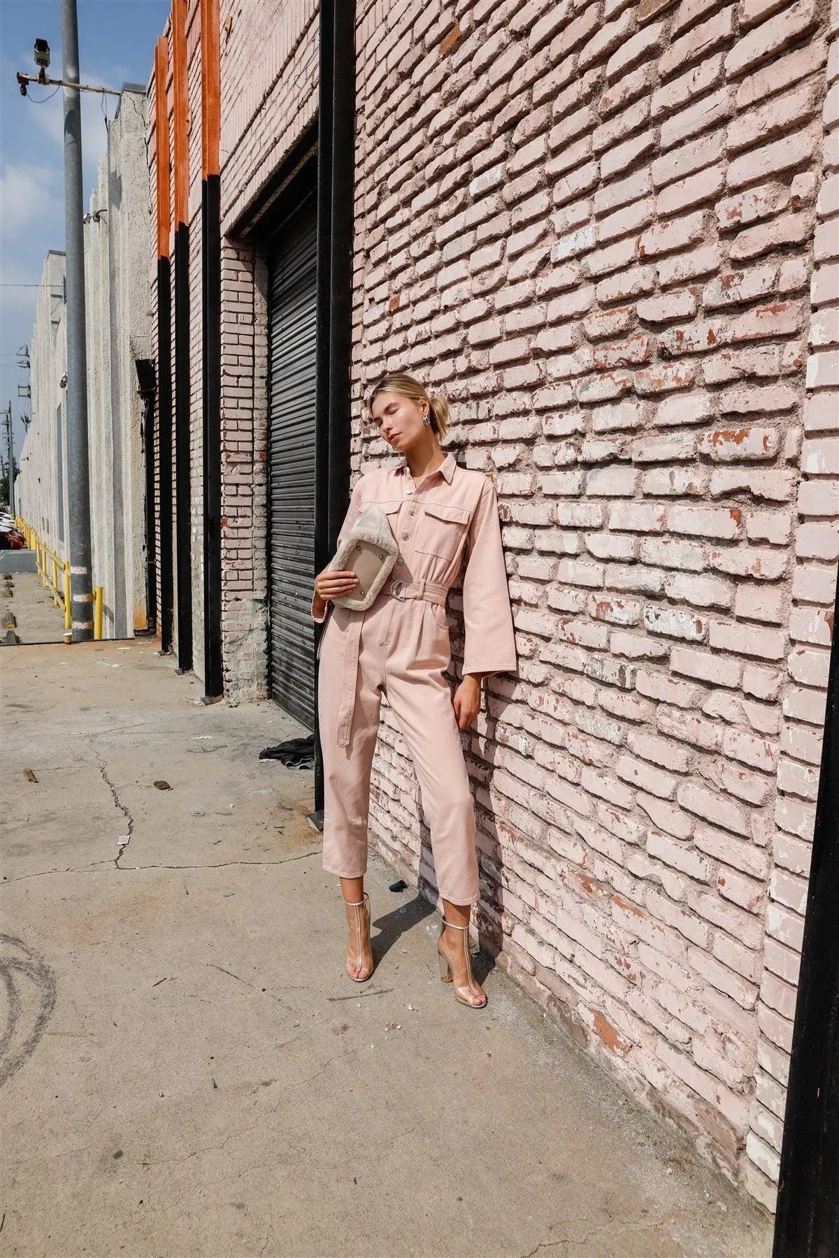 Blush Long Sleeve Denim Utility Front Button Down Self-Tie Belted Jumpsuit /4-2-1 - Tasha Apparel Wholesale