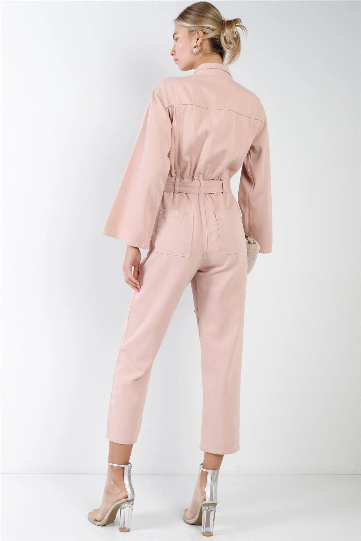 Blush Long Sleeve Denim Utility Front Button Down Self-Tie Belted Jumpsuit /4-2-1 - Tasha Apparel Wholesale