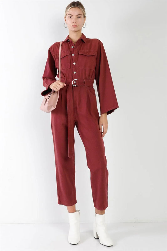 Burgundy Long Sleeve Denim Utility Front Button Down Self-Tie Belted Jumpsuit /3-1-1 - Tasha Apparel Wholesale