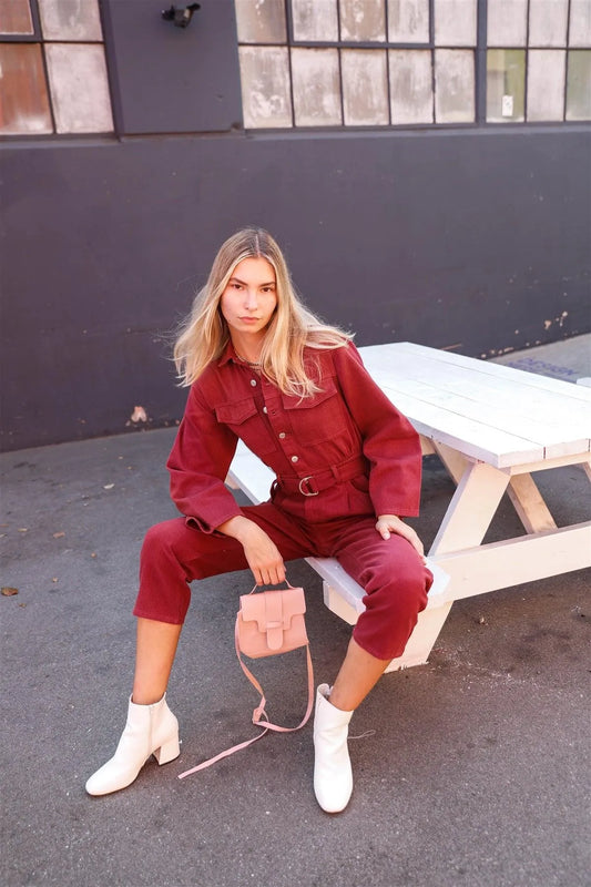 Burgundy Long Sleeve Denim Utility Front Button Down Self-Tie Belted Jumpsuit /3-2-1 - Tasha Apparel Wholesale