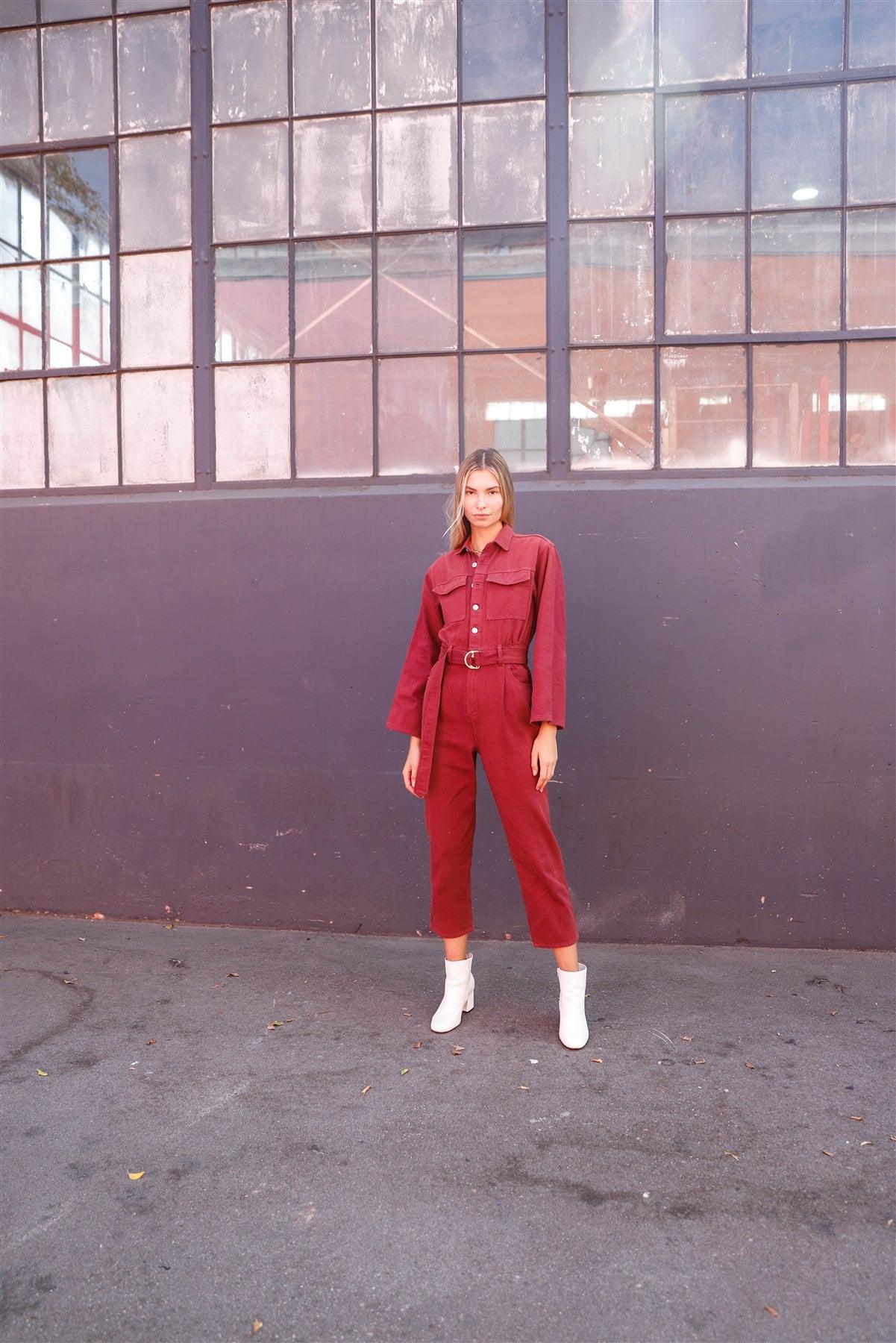 Burgundy Long Sleeve Denim Utility Front Button Down Self-Tie Belted Jumpsuit /3-2-1