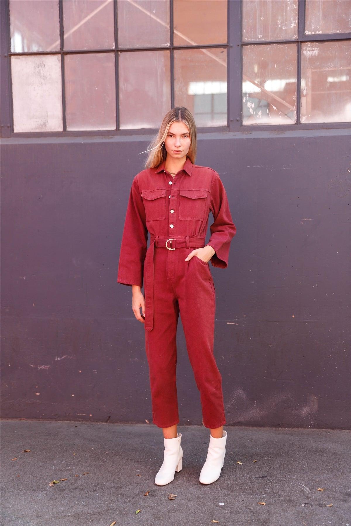 Burgundy Long Sleeve Denim Utility Front Button Down Self-Tie Belted Jumpsuit /3-2-1