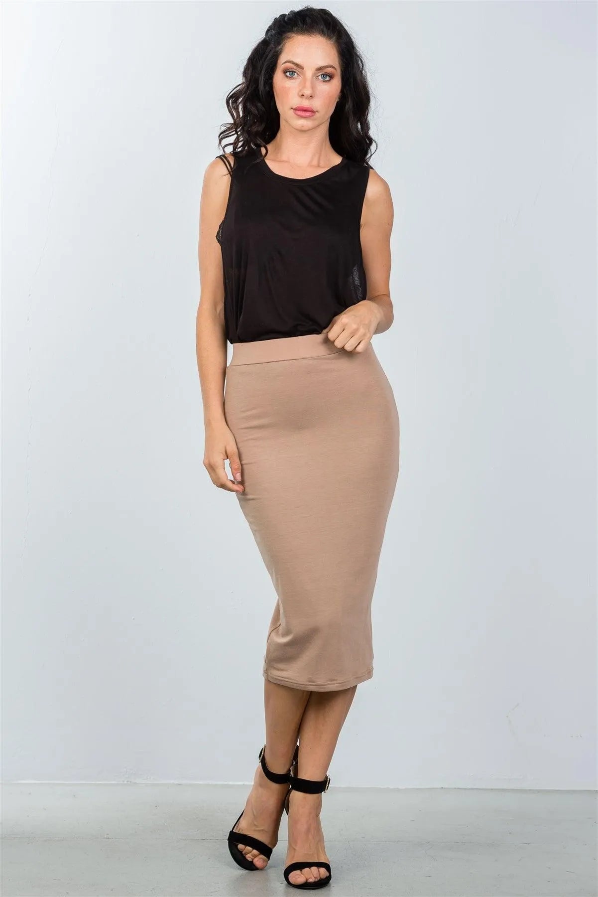 Nude Elastic Waist Midi Pencil Skirt /3-2-1 - Tasha Apparel Wholesale