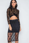 Black Foral Lace High Waist Stretchy Midi Skirt /2-1 - Tasha Apparel Wholesale