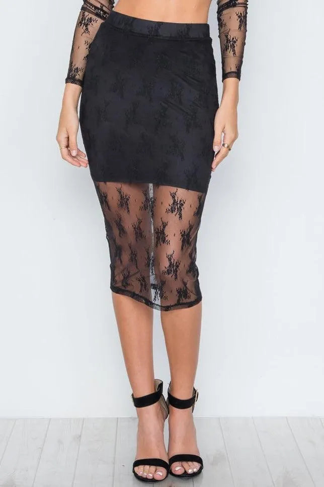 Black Foral Lace High Waist Stretchy Midi Skirt /2-1 - Tasha Apparel Wholesale